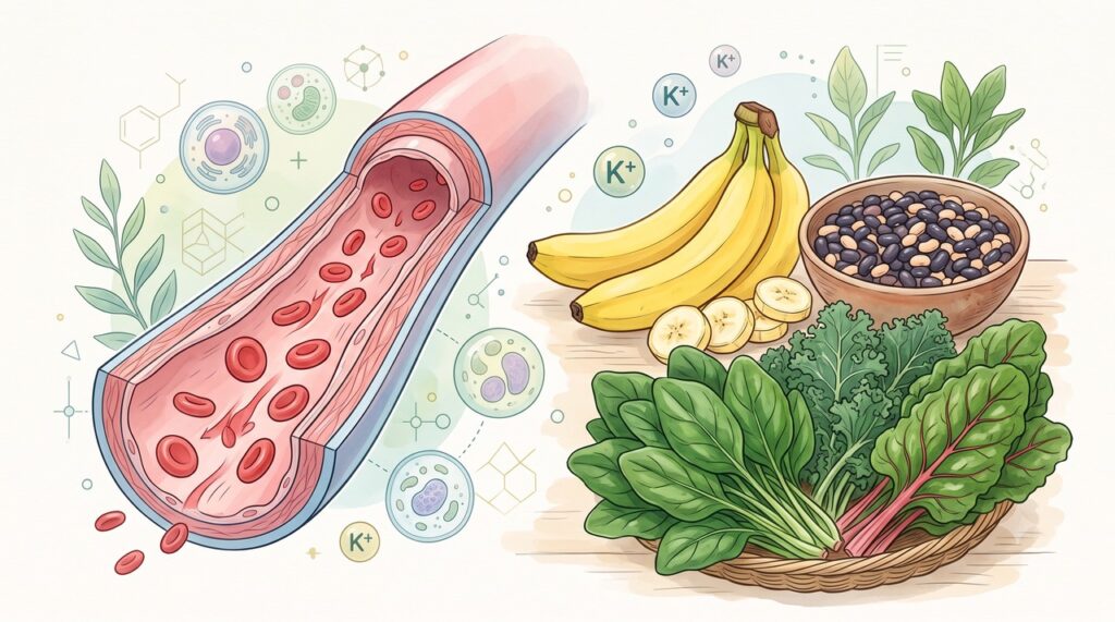 Alimentos ricos em potássio ajudam a equilibrar o sódio e favorecem a saúde cardiovascular.