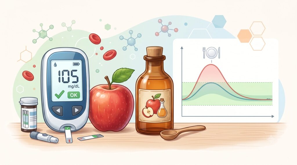 Estudos avaliam o efeito do vinagre de maçã em marcadores como glicemia de jejum e HbA1c.