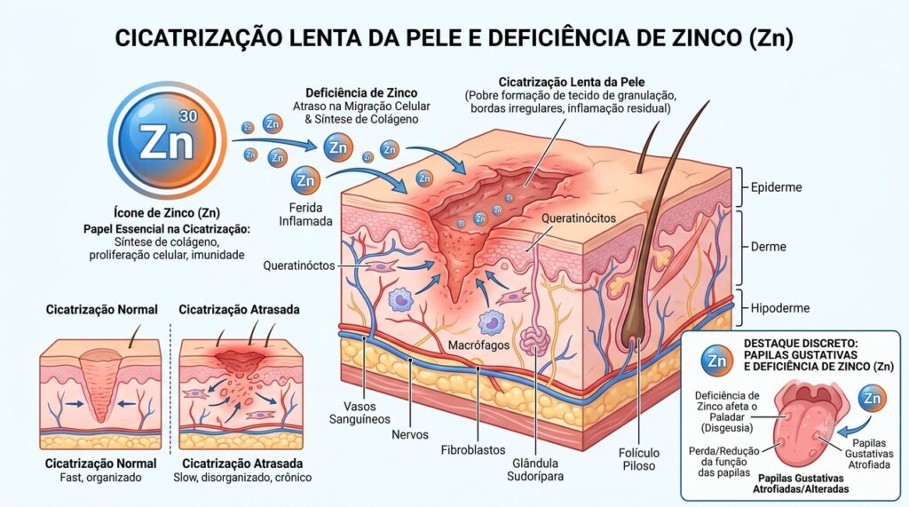 O zinco participa do paladar, da imunidade e do reparo dos tecidos.