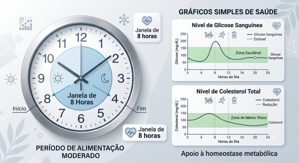 O estudo TIMET avaliou jejum intermitente, glicose, HbA1c e colesterol por 3 meses.