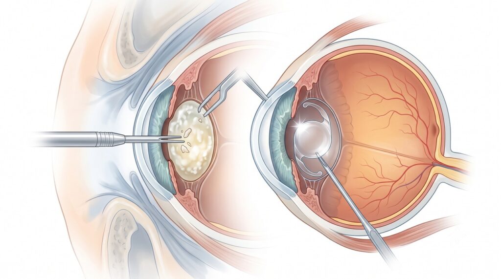 Na cirurgia, o cristalino opaco é substituído por uma lente transparente para melhorar a visão.