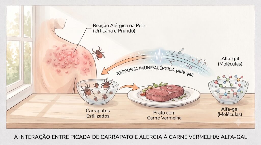A síndrome alfa-gal é uma alergia tardia associada à picada de carrapatos.
