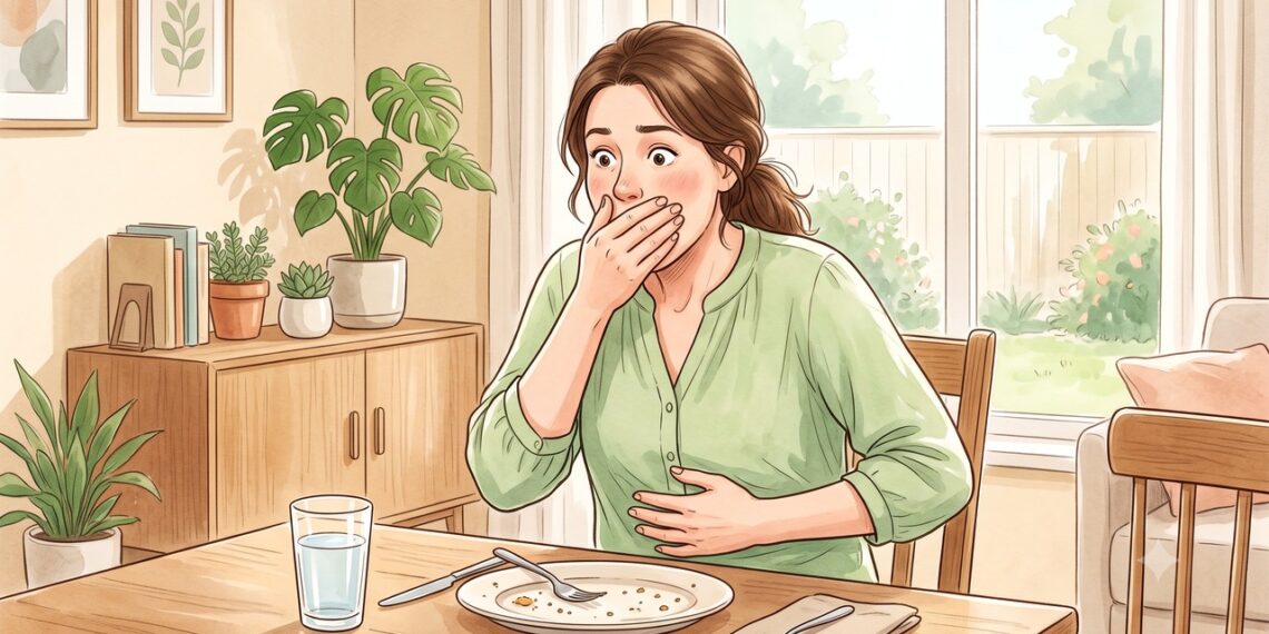 Comida que volta à boca sem enjoo após as refeições pode indicar síndrome da ruminação.