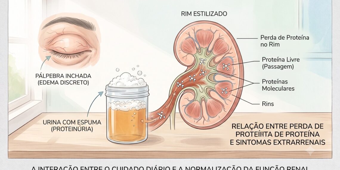 Urina espumosa com inchaço ao redor dos olhos pode indicar proteína na urina.