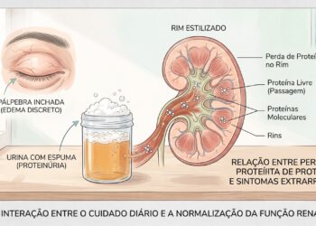 Urina espumosa com inchaço ao redor dos olhos pode indicar proteína na urina.