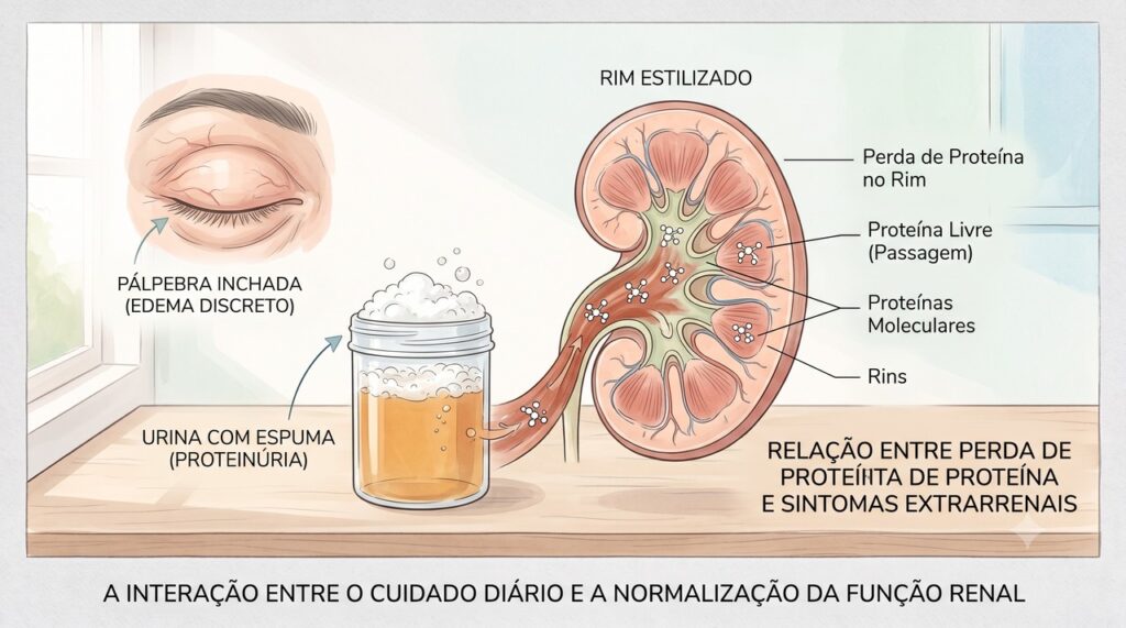 A proteinúria pode causar urina espumosa e favorecer retenção de líquidos.