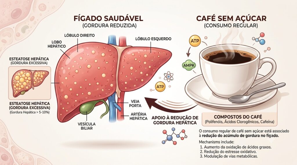 O consumo de café foi associado a menor chance de MASLD, sem comprovar redução direta das enzimas hepáticas.