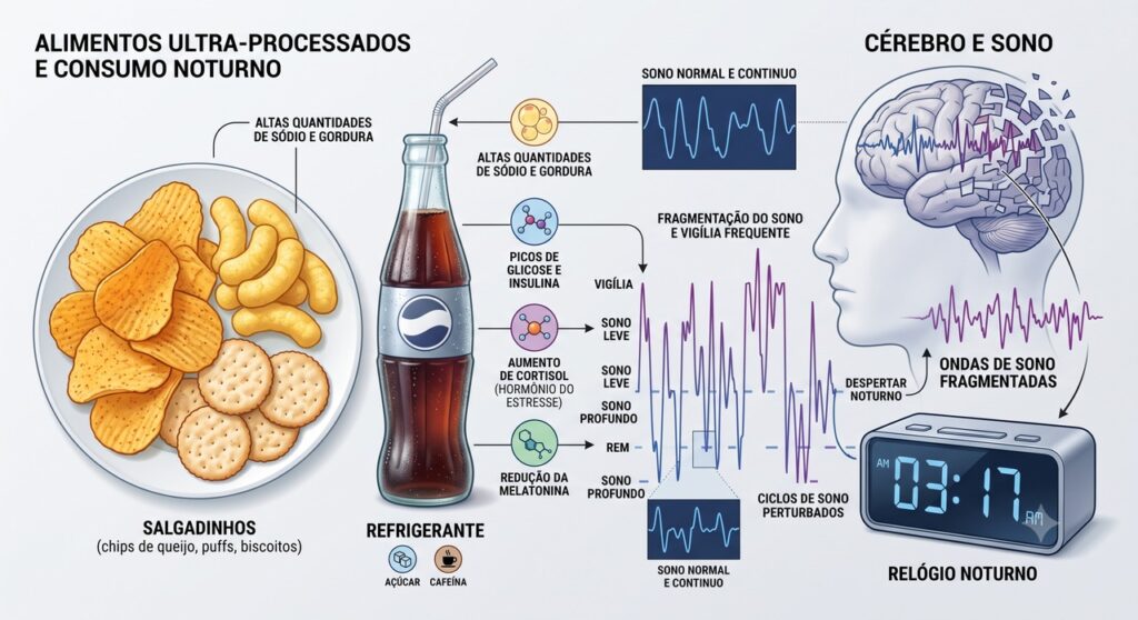 O padrão alimentar rico em ultraprocessados pode pesar na qualidade do sono.