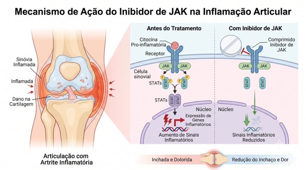 Os inibidores JAK bloqueiam sinais celulares que sustentam a inflamação nas articulações.