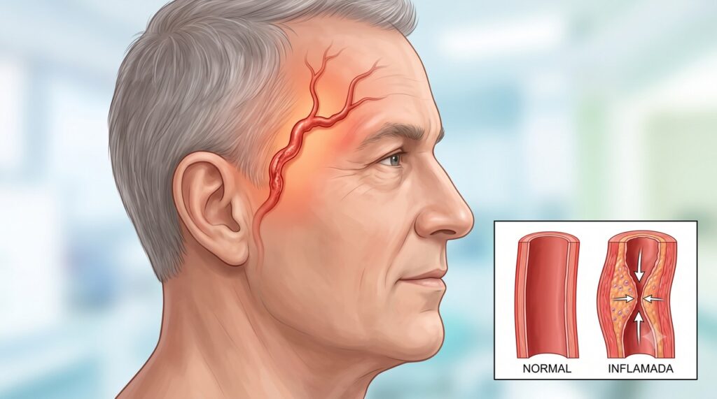 A arterite temporal provoca inflamação nos vasos que passam pelas têmporas e pelo couro cabeludo.