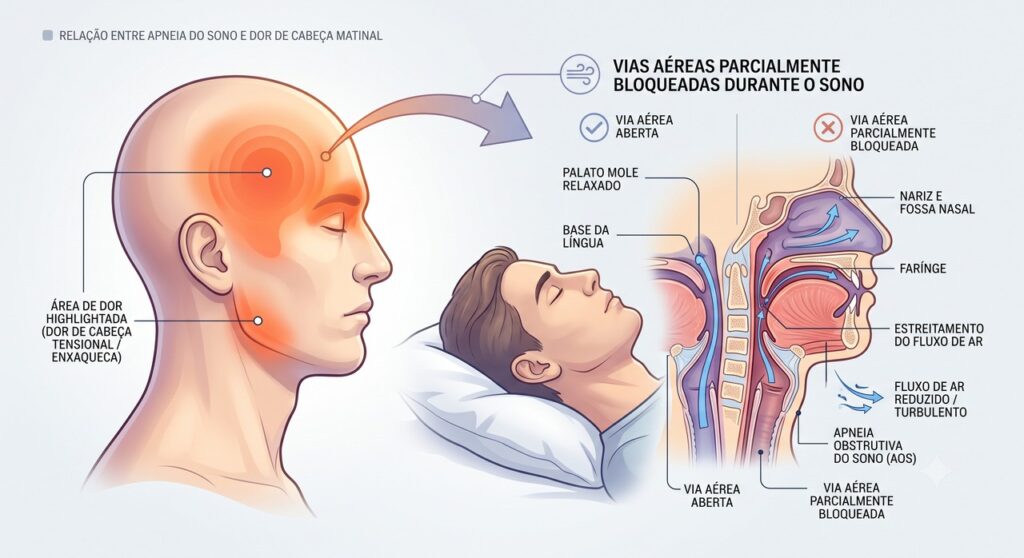 A apneia pode causar pausas respiratórias, sono não reparador e dor de cabeça matinal.