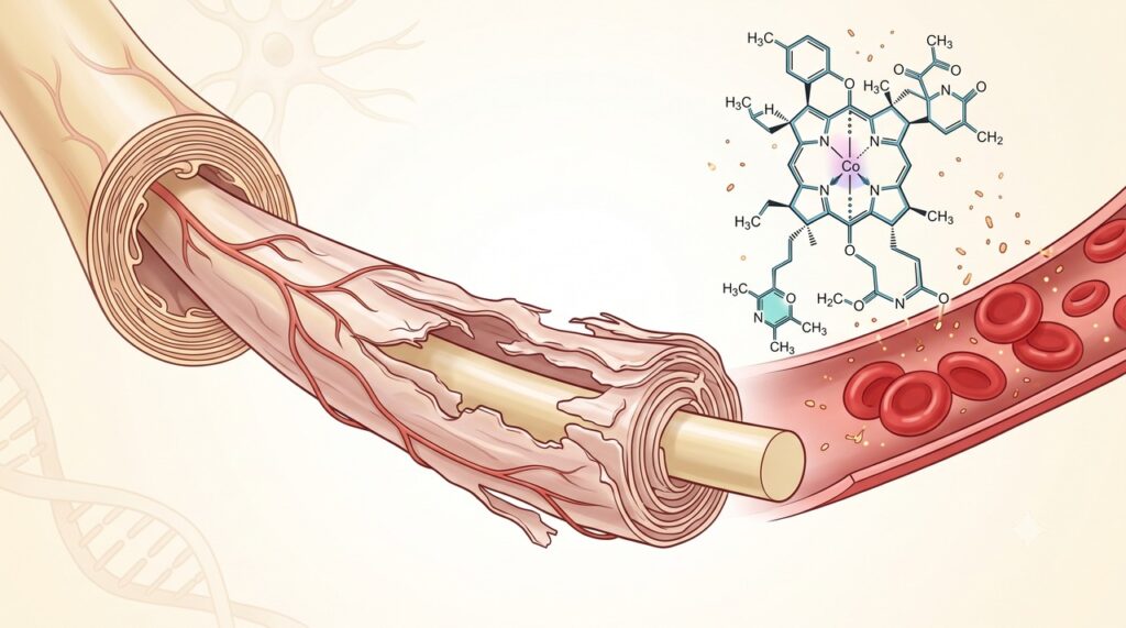 A vitamina B12 participa da proteção dos nervos e da formação saudável das células do sangue.