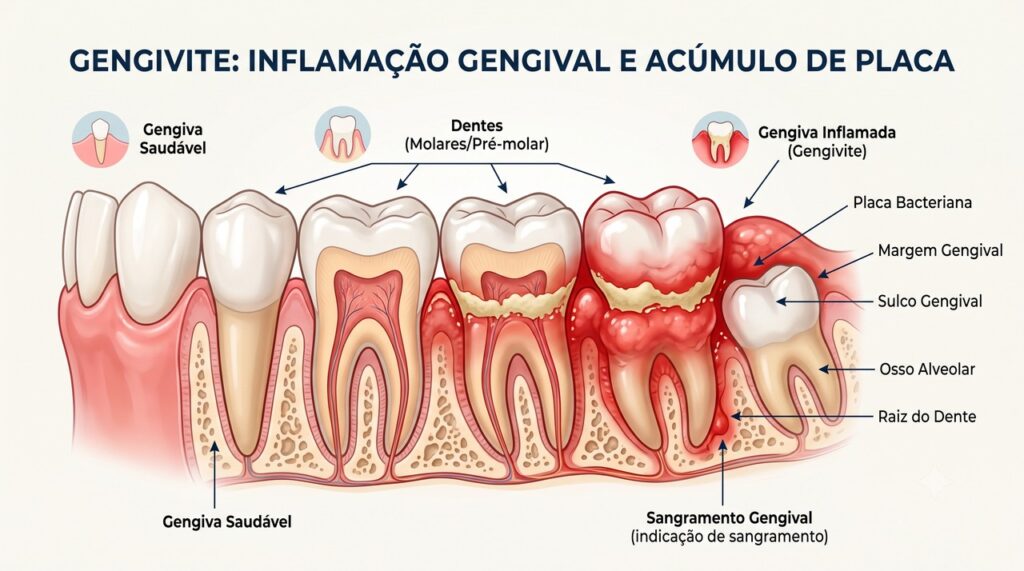 A placa bacteriana pode inflamar a gengiva e causar sangramento frequente.