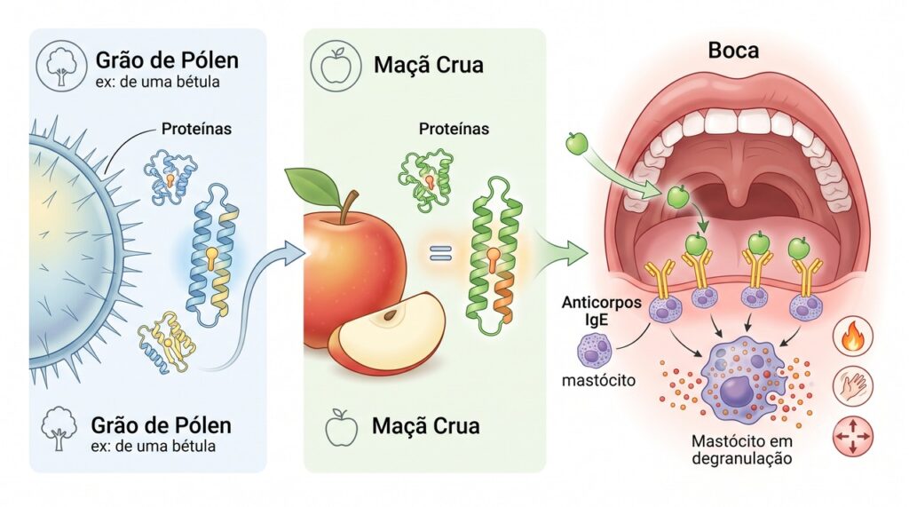 A síndrome pólen-alimento ocorre quando o organismo confunde proteínas dos alimentos com as do pólen.