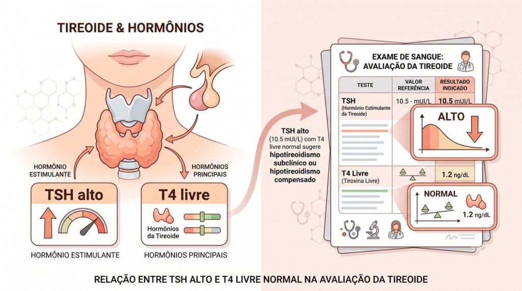 Exames como TSH e T4 livre ajudam a investigar suspeita de hipotireoidismo.