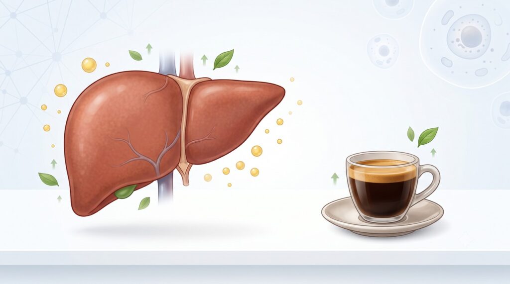 O café contém compostos bioativos estudados por possíveis efeitos no metabolismo e na saúde hepática.