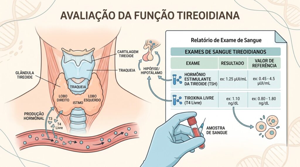Exames como TSH e T4 livre ajudam a confirmar alterações na função da tireoide.