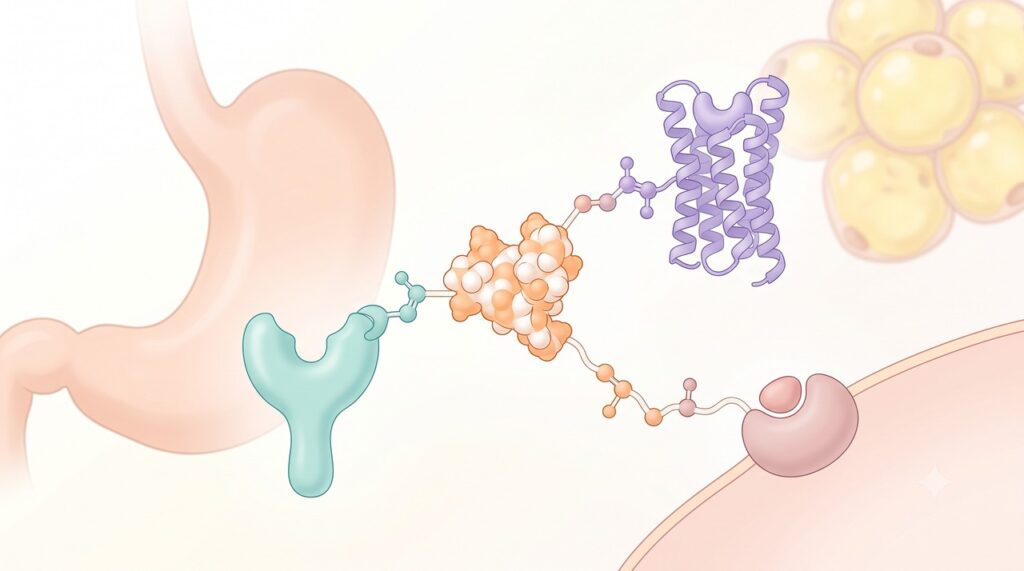 A retatrutida atua simultaneamente nos receptores GIP, GLP-1 e glucagon.