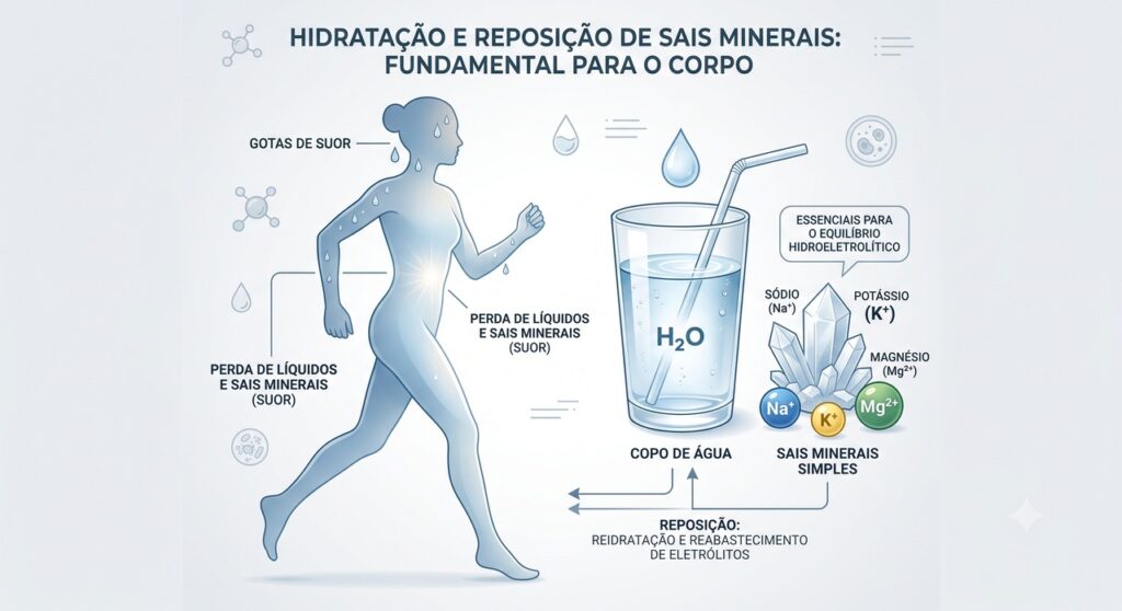 No calor, o corpo perde água e sais minerais pelo suor.