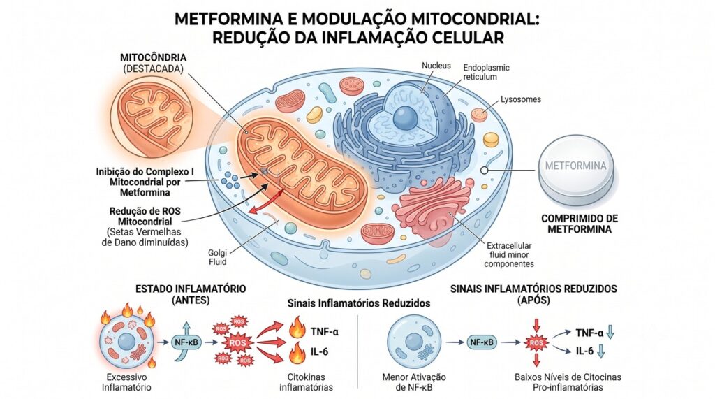 A metformina pode influenciar processos celulares ligados ao metabolismo e à inflamação.