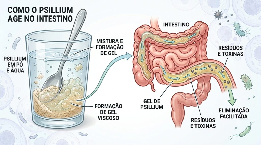 O psyllium absorve água e ajuda a deixar as fezes mais macias e fáceis de eliminar.