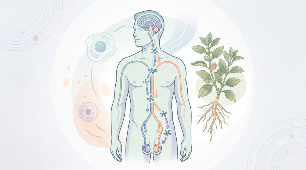 A ashwagandha pode influenciar sinais hormonais ligados à produção natural de testosterona.