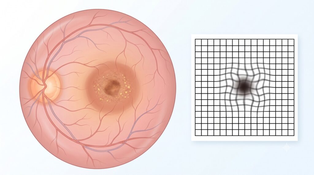 A degeneração macular afeta a mácula, região da retina responsável pela visão central e pelos detalhes.