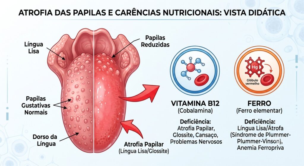 A falta de B12 e ferro pode alterar a textura da língua e causar ardência.