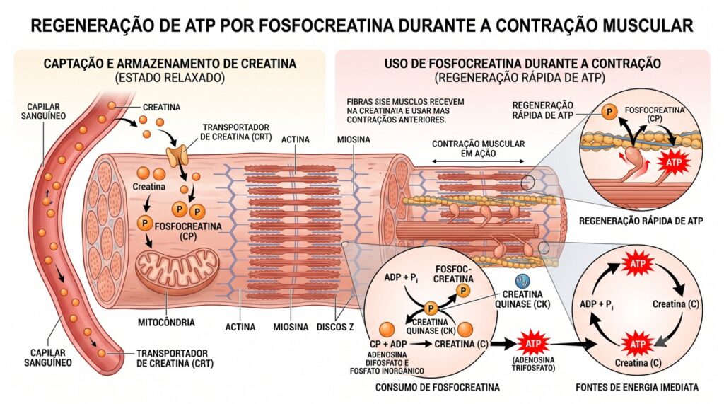 A creatina aumenta a disponibilidade rápida de energia usada pelos músculos durante exercícios de força.