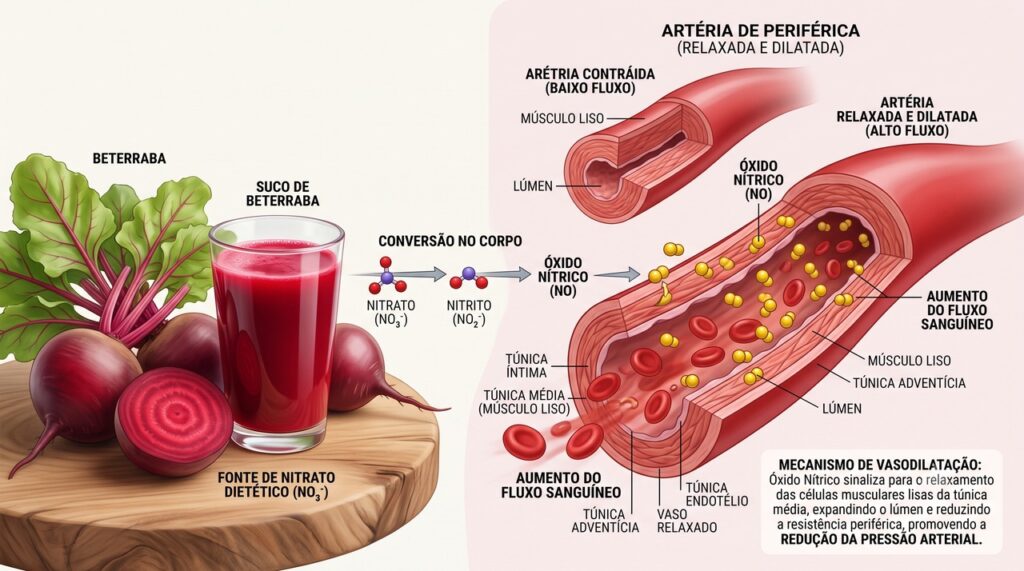 Os nitratos da beterraba favorecem a produção de óxido nítrico e o relaxamento dos vasos.