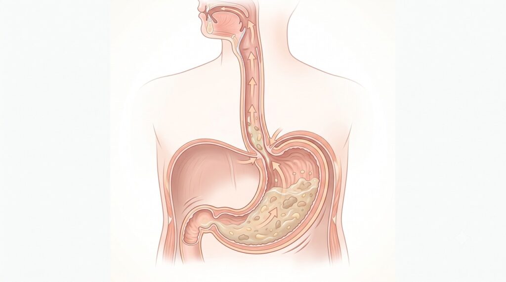 Na síndrome da ruminação, o alimento retorna à boca pouco depois da refeição, sem esforço para vomitar.