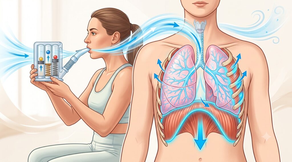 O aparelho cria resistência à inspiração para exercitar e fortalecer os músculos respiratórios.