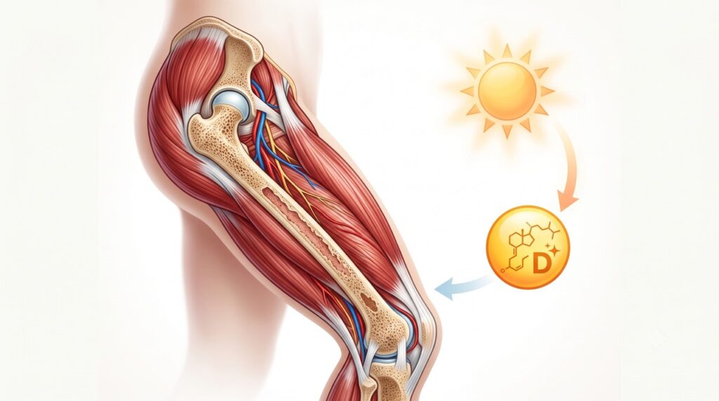 A vitamina D ajuda na saúde óssea e na força muscular.