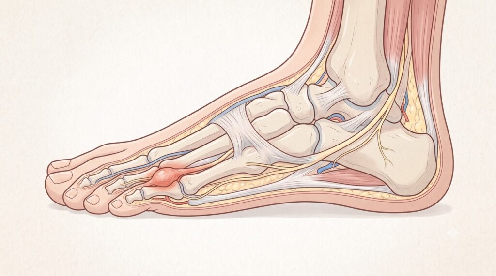 O neuroma de Morton costuma ocorrer entre os dedos e irritar um nervo do antepé.