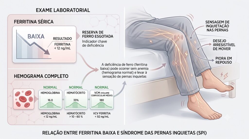 A ferritina pode indicar baixa reserva de ferro mesmo com hemoglobina normal.