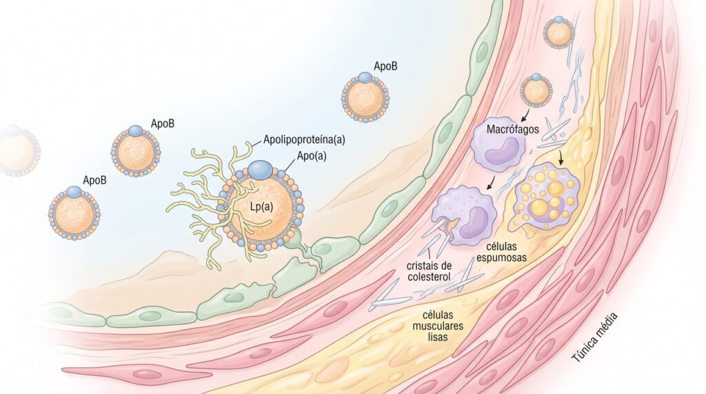 A lipoproteína(a) elevada favorece placas nas artérias e aumenta o risco cardiovascular.