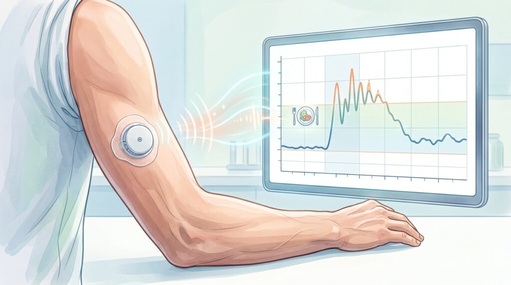 O sensor mede a glicose no líquido entre as células e envia as leituras para um aplicativo.