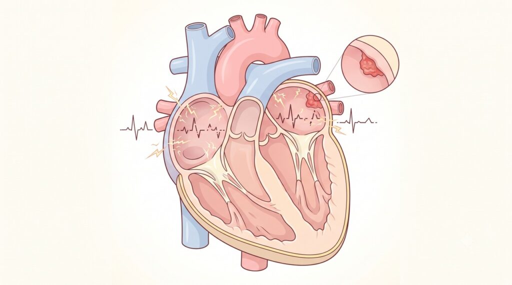 Na fibrilação atrial, o ritmo desorganizado pode favorecer coágulos e aumentar o risco de AVC.