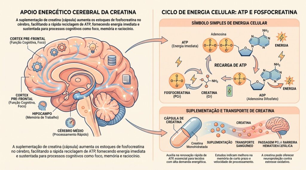 A creatina participa do fornecimento rápido de energia para células do cérebro.