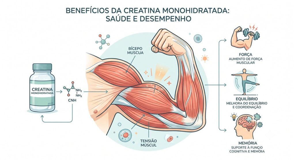 A creatina monohidratada é estudada por efeitos em músculo, função física e envelhecimento.