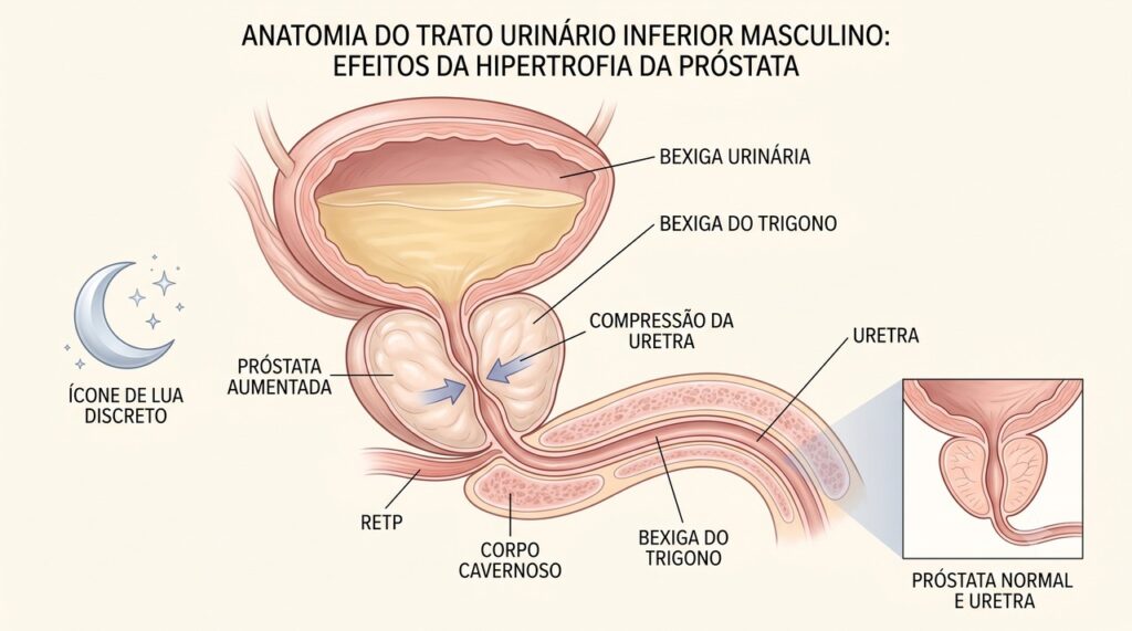 A próstata aumentada pode dificultar a passagem da urina e favorecer a noctúria.