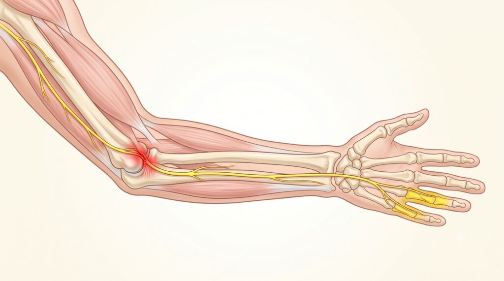 A compressão do nervo ulnar no cotovelo pode causar dormência, choque e fraqueza na mão.