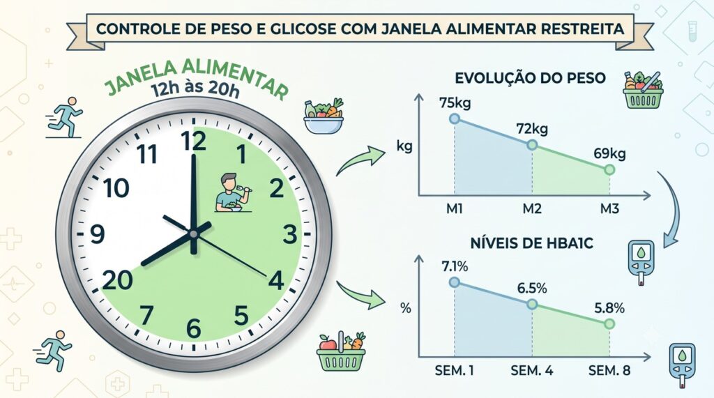 O ensaio comparou janela alimentar de 8 horas, restrição calórica e grupo controle por 6 meses.