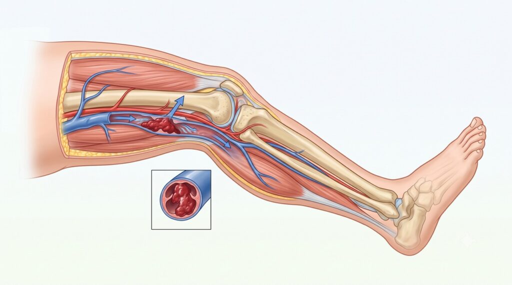 Um coágulo em uma veia profunda pode bloquear a circulação e causar embolia pulmonar.