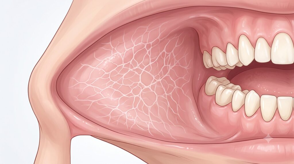 Linhas brancas rendilhadas na parte interna da bochecha podem indicar líquen plano oral.
