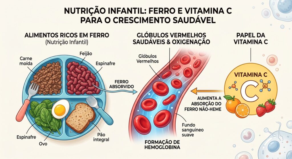 Ferro e vitamina C ajudam a prevenir anemia e apoiar o desenvolvimento infantil.