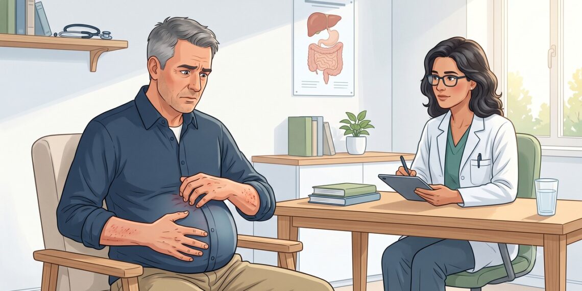 Coceira na pele e barriga inchada podem aparecer em fases avançadas da gordura no fígado.
