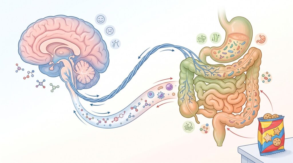 Alimentação, microbiota intestinal e cérebro podem participar da relação entre ultraprocessados e humor.