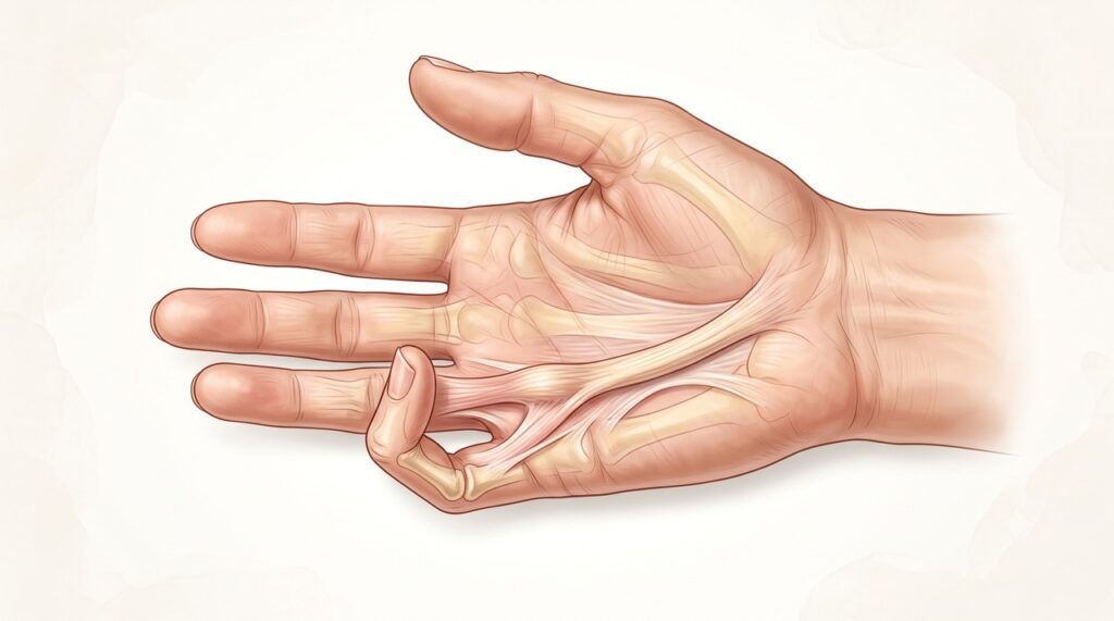 O espessamento da fáscia palmar forma cordões que impedem o dedo de se esticar completamente.