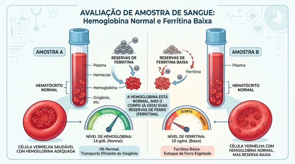 A ferritina pode revelar estoques baixos de ferro quando o hemograma ainda não indica anemia.